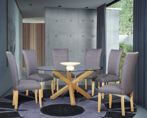 10CALYPSO DINING CHAIRS+1.8M ROUND TABLE FLAKD OAK LINEAR CLASSICA
