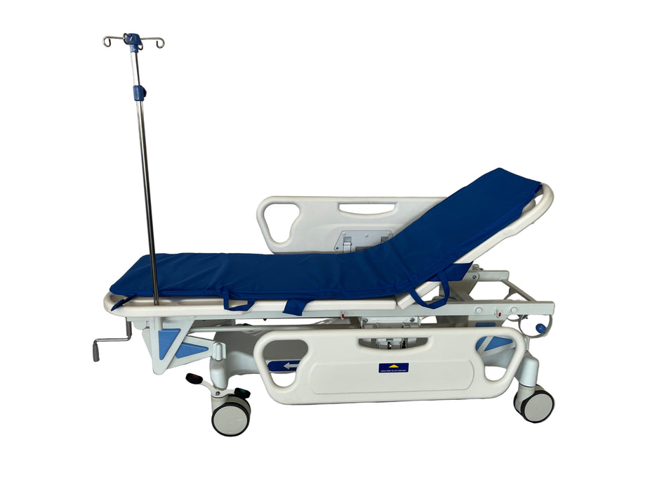 Hospital bed with blue mattress on a white background