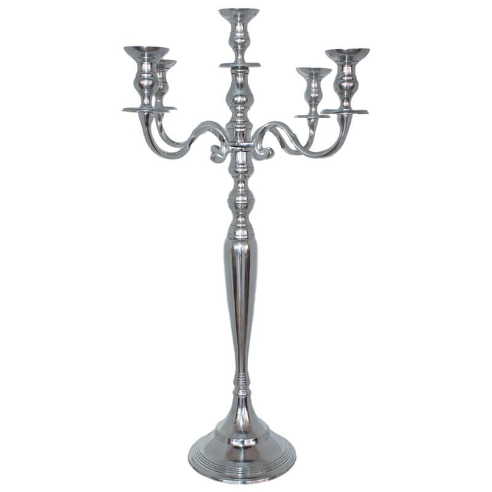 SILVER 5 ARM CANDELABRA 70CM TRAN