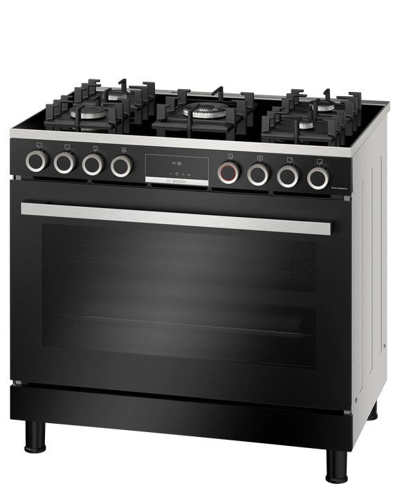 Bosch 90cm full gas cooker black stainless steel front view