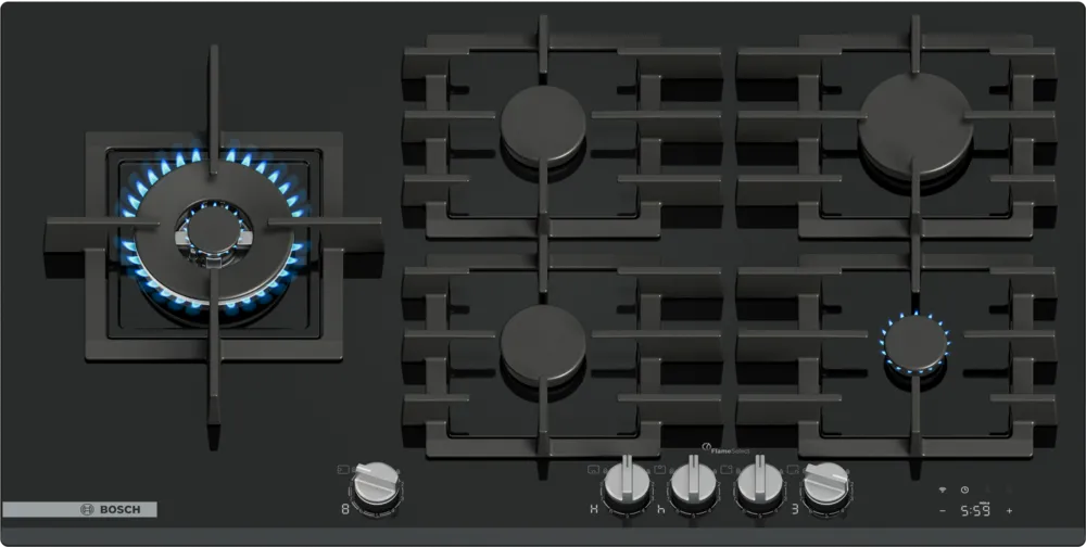BOSCH 90CM 5BRN GAS HOB SERIES 8 BLACK GLASS BOSC