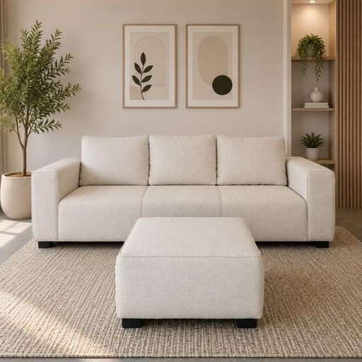 Modern living room with a beige sectional sofa, ottoman, and decorative elements.