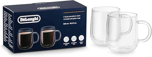 2PCE DELONGHI 500ML DOUBLE WALL GLASS MUGS DELO