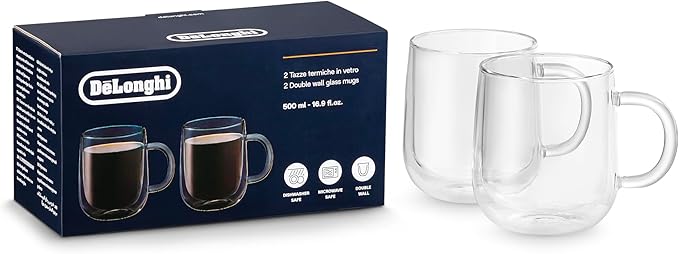 2PCE DELONGHI 500ML DOUBLE WALL GLASS MUGS DELO