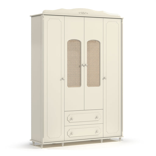 PROVENCE 4 DOOR, 2 DRAWER  WARDROBE WITH RATTAN OFF WHITE MATI