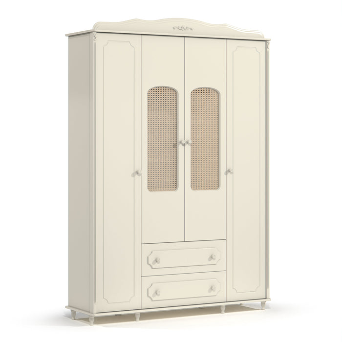 PROVENCE 4 DOOR, 2 DRAWER  WARDROBE WITH RATTAN OFF WHITE MATI