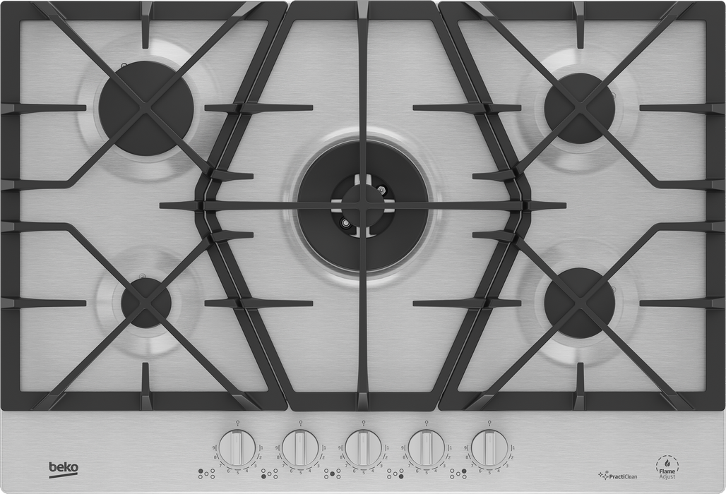  Beko 75cm gas hob stainless steel 5 burner front view