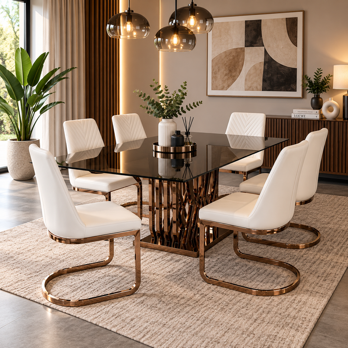 7PCE VALENTINO DINING ROOM SUITE - ROSE GOLD/WHITE FOUR
