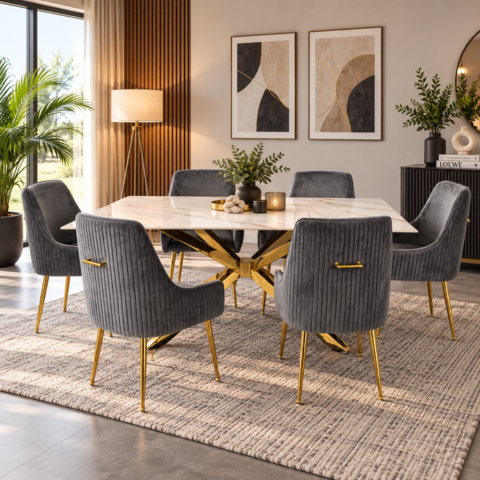 7PCE ALEAH DINING ROOM SUITE - WHITE TOP/GOLD BASE FOUR