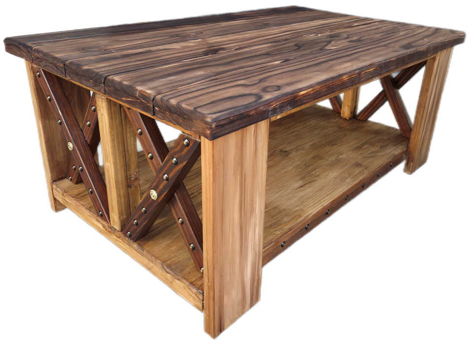 COUNTRY COFFEE TABLE (DOUBLE CROSS, STUDS, WOOD BURNED TOP) STUD