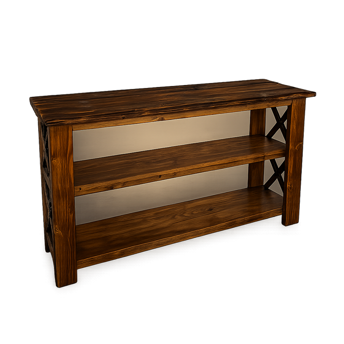 Wooden console table with three shelves on a white background