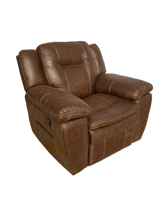 Brown leather recliner chair on a white and beige floor.