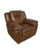 Brown leather recliner chair on a white and beige floor.
