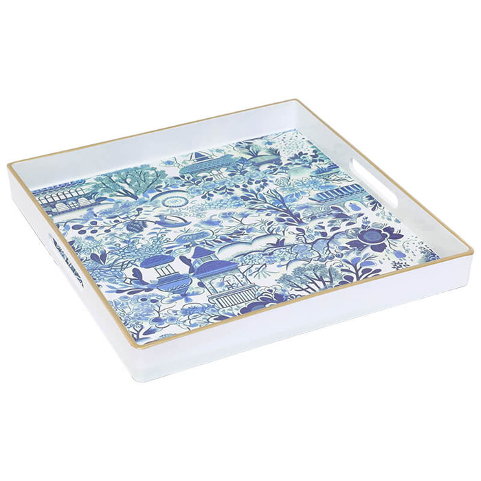 BLUE/WHITE SQ DECOR TRAY 36X36X4C TRAN