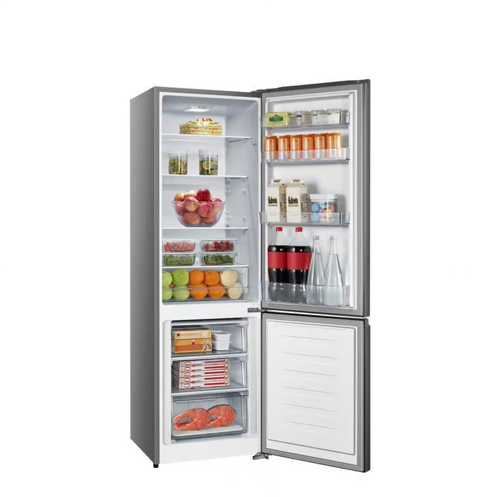Open Hisense fridge refrigerator with food items on a white background ayt Nictus Namiibia