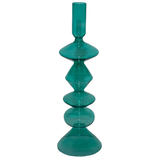 TEAL GLASS CANDLE STICK 20CM TRANS NATAL CUT GLASS