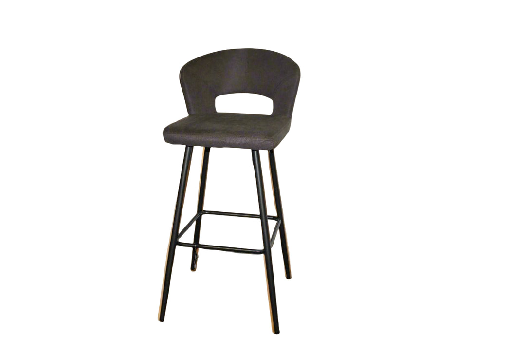 Dark gray bar stool with black legs in a room with a window and plant