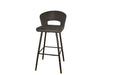 Dark gray bar stool with black legs in a room with a window and plant