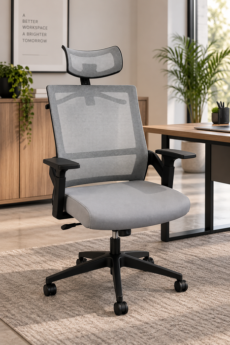 HIGH BACK CHAIR - BLACK MESH/ FABRIC STEL