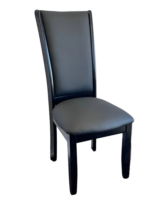 Black chair with a gray cushion on a white and purple textured surface