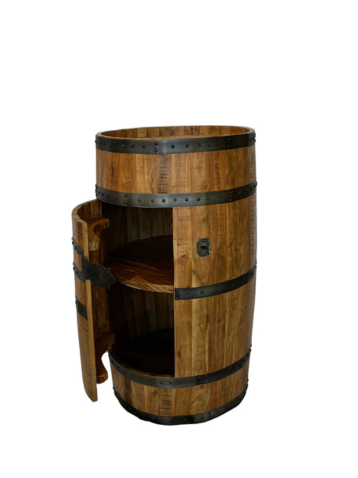 Wooden barrel-shaped stool with metal bands on a white background