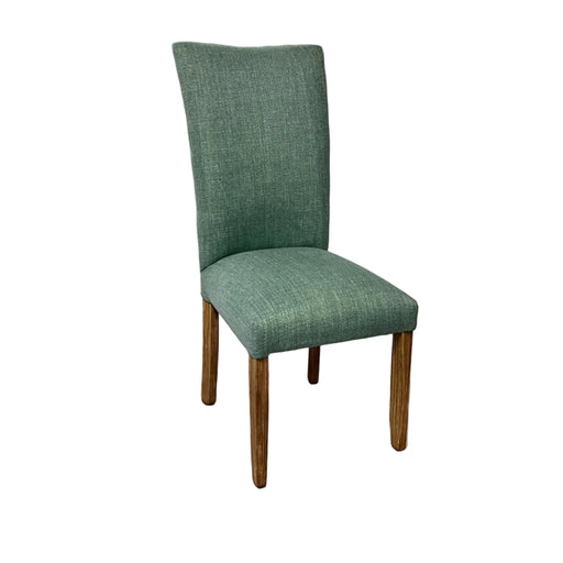 Green chair with wooden armrests on a white background