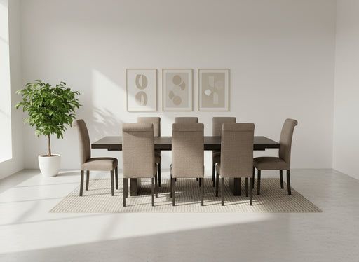 Dining table set with six chairs on a black platform against a white backdrop