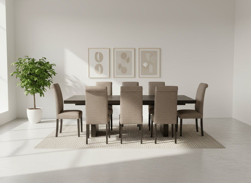 Dining table set with six chairs on a black platform against a white backdrop