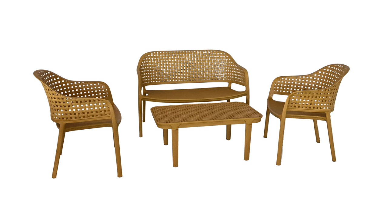 Wicker outdoor furniture set on a white backdrop