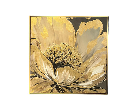 Framed artwork of a gold and gray floral design on a dark background