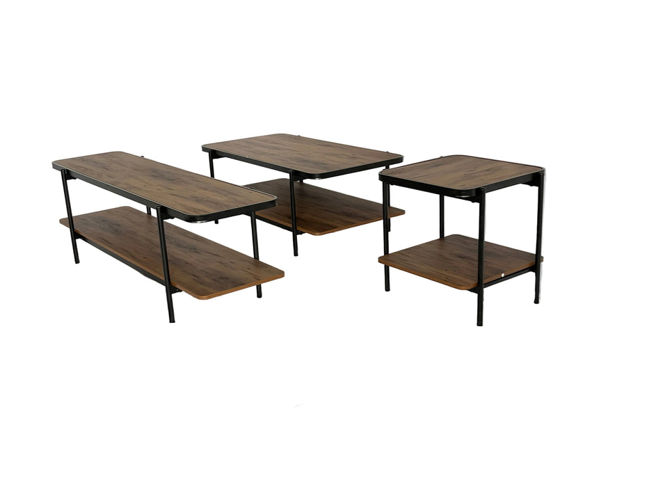 Three wooden tables with metal legs on a white backdrop