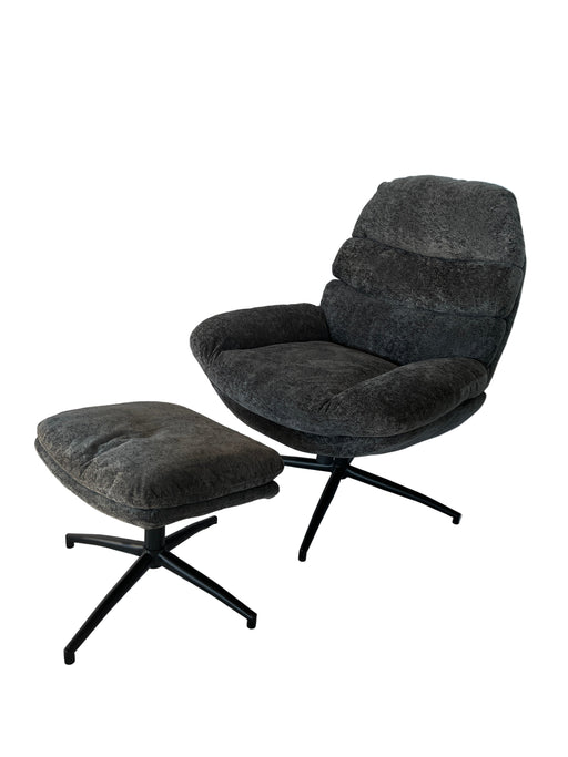 Two gray stools with black metal legs on a white sheet