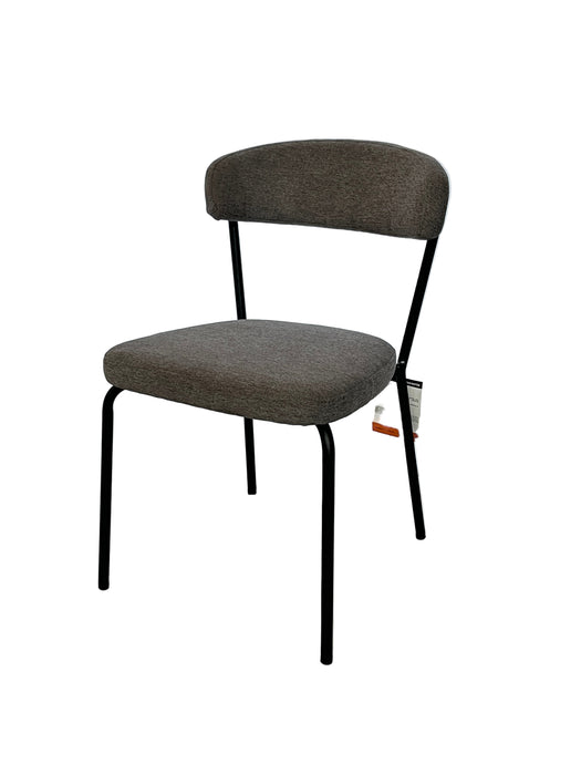 Gray cushioned stool with black metal legs on a white background