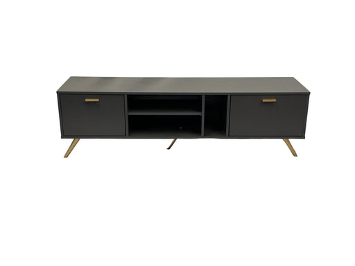 Black entertainment console with gold handles on a white draped background
