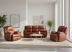 Brown leather sofa set in a showroom with gray carpet and white walls.