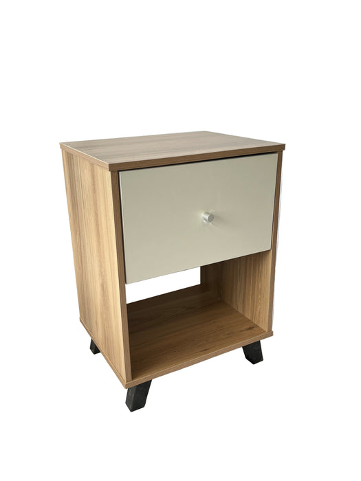 Wooden box with a mirror on a white fabric background