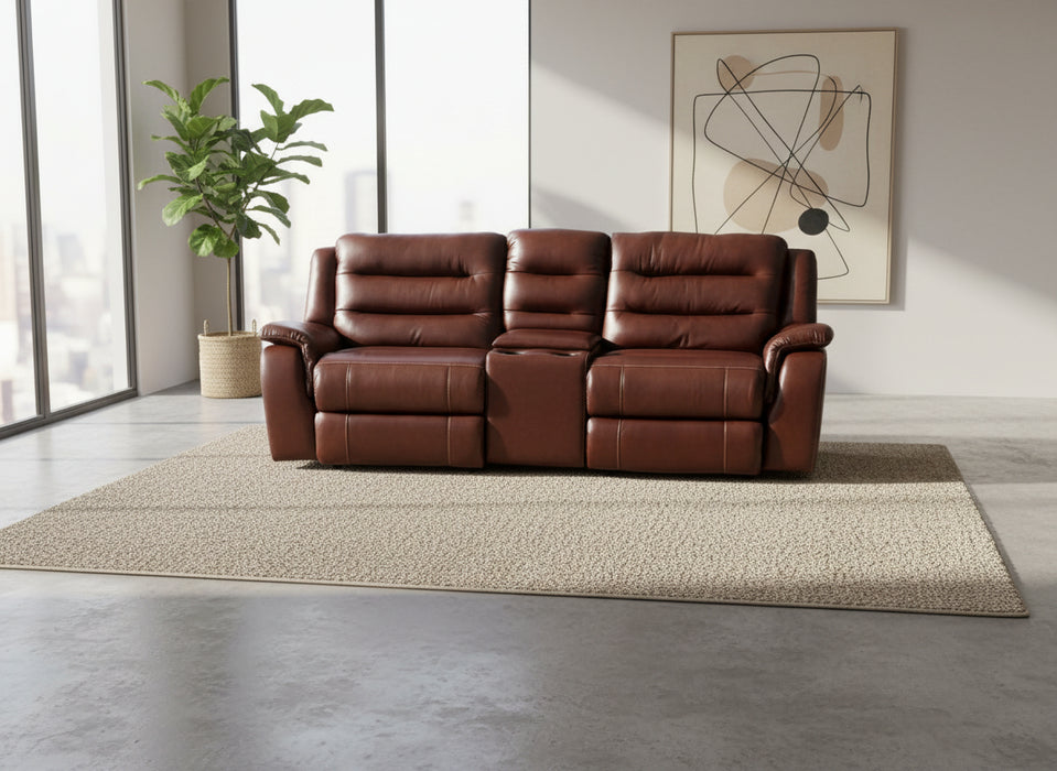 Brown leather sofa in an outdoor setting with a building in the background