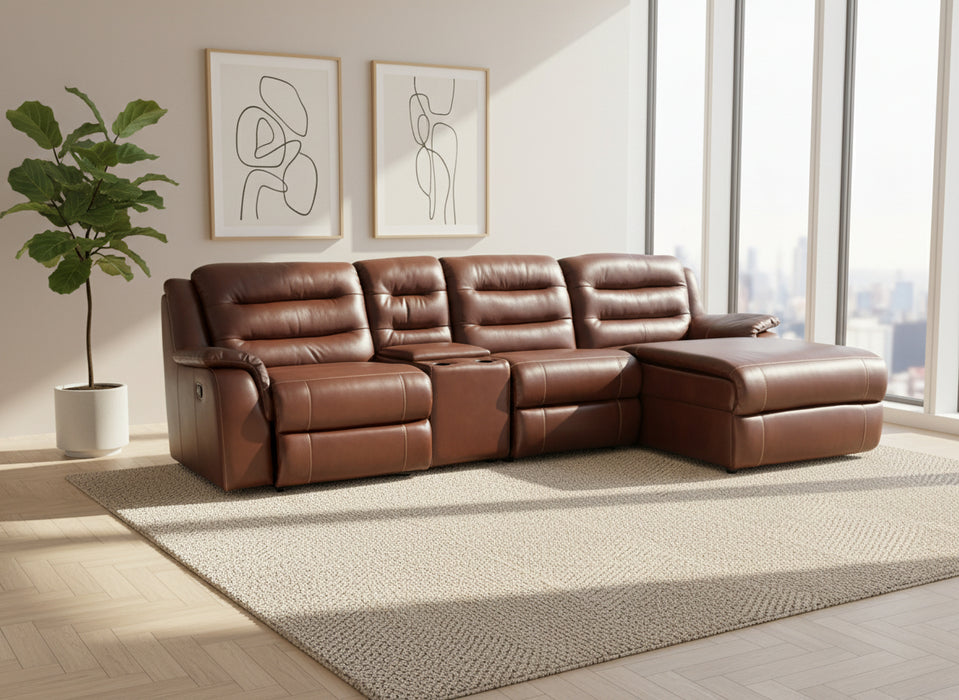 Brown leather sectional sofa in a warehouse setting with a person in the background.