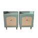 Pair of teal nightstands with woven accents on a white background