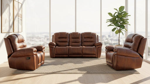 Brown leather sofa set in a bright living room with large windows.