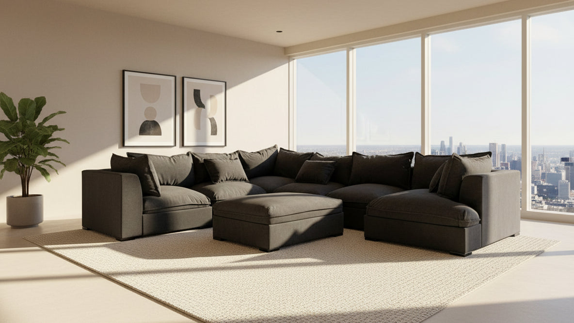 Gray sectional sofa in a room with a white tarp and various items in the background