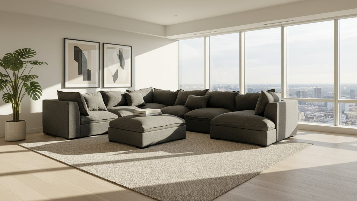 Gray sectional sofa with ottoman on a gray carpeted floor.