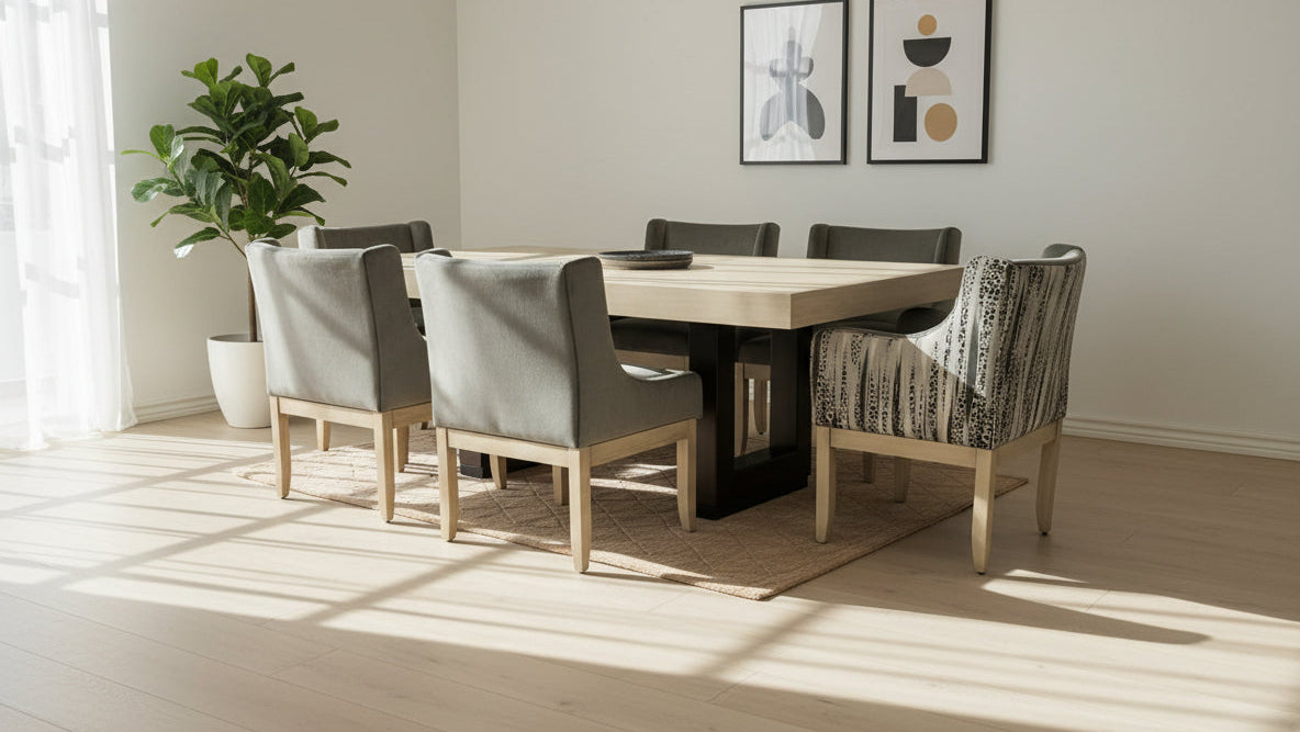 Dining room with a wooden table and chairs, light-colored walls, and a plant.