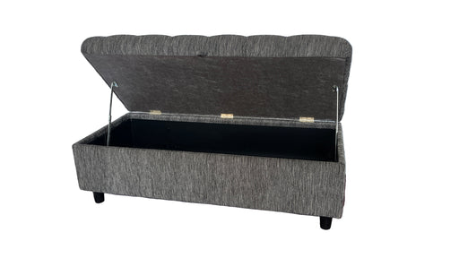 Gray storage ottoman with open lid on a white background