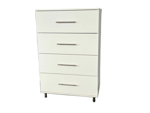 White dresser with five drawers against a plain background