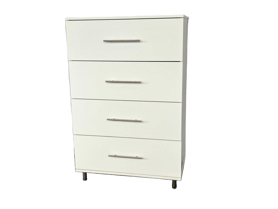 White dresser with five drawers against a plain background