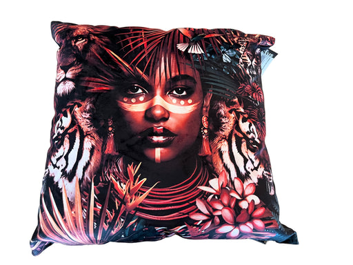 Decorative pillow with a stylized portrait of a woman surrounded by animals and nature on a wooden surface.