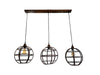 Three spherical pendant lights hanging from a wooden fixture against a white backdrop.