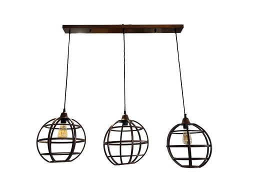 Three spherical pendant lights hanging from a wooden fixture against a white backdrop.
