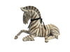 Plush zebra toy on a white surface with a clear plastic cover